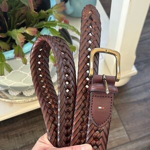 Tommy Hilfiger Braided Brown Leather Belt with Brass Buckle